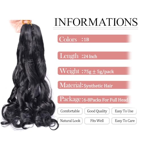 French Curly Braiding Hair 24Inch Loose Wavy 8 Packs #1B Black Bouncy Braiding Hair Extensions 75g/Pack Synthetic French Curl Crochet Hair Extensions（8packs,24Inch)