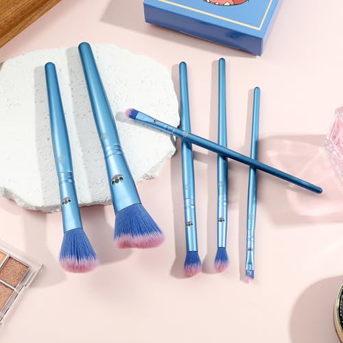 5Pcs Interstellar Baby Makeup Brushes Set, Creative Stitch Theme Cosmetic Brushes Set, Premium Synthetic Foundation Eyeshades Brush Set Best Gift for Young Girl Women (Blue Stitch)
