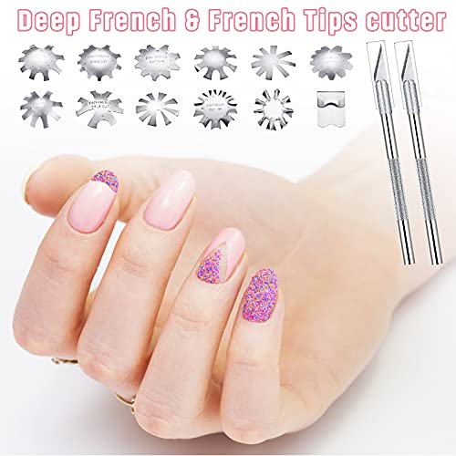 12 Pieces French Nail Trimmer Stainless Steel French Tip Cutters Smile Line Cutter Edge Manicure DIY Plate Module with 2 Handles Cutting Knife and 5 Spare Blade for Acrylic Nail(Silver)