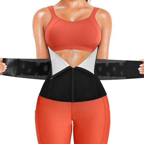 SCARBORO Waist Trainer for Women Belly Fat Sauna Sweat Waist Trimmer Corset for Stomach Wrap Workout Belt Shaper Band Zipper (Black-silver inner, Small)