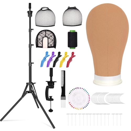 Beauty Star [ 63inch Tall ] Wig Stand Tripod with 22 inch Canvas Mannequin Head, Block Wig Head Holder Set Included Wig Caps for Multiple Wigs, Perfect Wig Making kit
