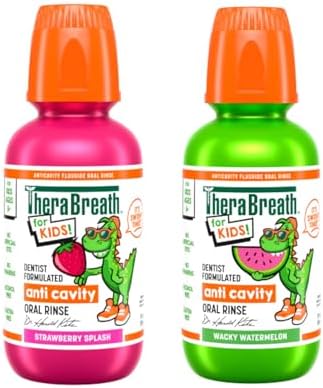 TheraBreath Kids Mouthwash with Fluoride, Organic Strawberry Splash, Anticavity, 10 fl oz & TheraBreath Kids Mouthwash with Fluoride, Organic Wacky Watermelon, Anticavity, 10 fl oz