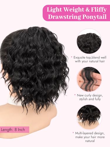 Isaic Ponytail Extension 8 Inch Short Wavy Curly Ponytails Drawstring Ponytail for Black Women Jet Black Pony Tails Hair Extensions Synthetic Hairpiece for Daily Use