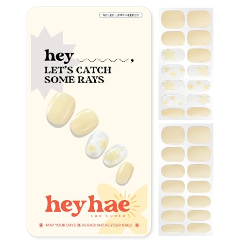 Semi Cured Gel Nail Strips | No LED Lamp Needed | Solid, Yellow, Spring |Easy Apply & Remove, Salon Quality|Includes 28 Strips, 1 Prep Pads, Nail File & Wooden stick- Hey, Let's Catch Some Rays