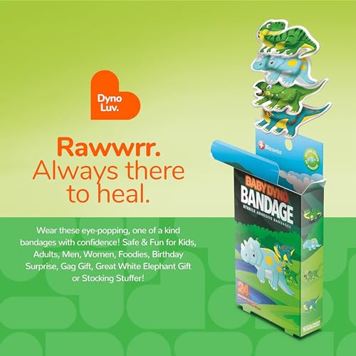 BioSwiss Bandages, Baby Dino Shaped Self Adhesive Bandage, Latex Free Sterile Wound Care, 24 Count