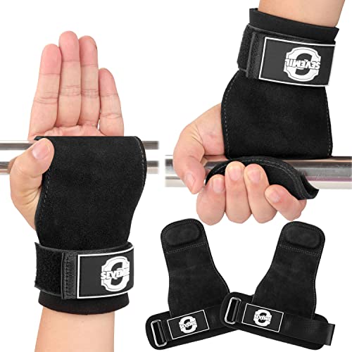 SEVEMIL Weight Lifting Wrist Straps, Double Layer Leather Hand Grip Deadlift Straps with Padded Support for Weightlifting & Workout Adjustable Neoprene Gym Accessories Hooks Men Women (Pair), Black