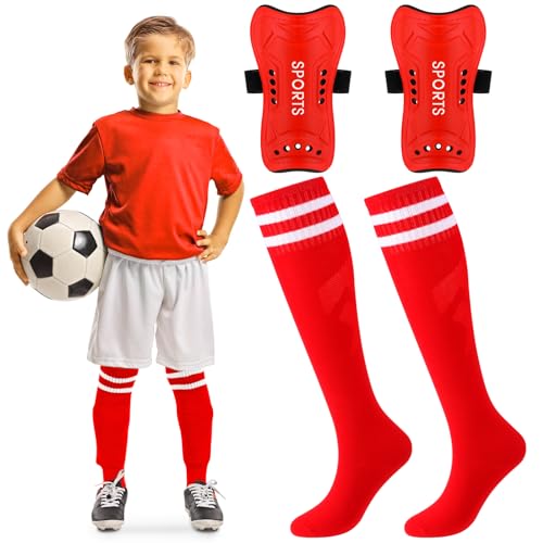 Syhood Soccer Shin Guards and Socks for Toddler Kids Youth, Lightweight Soccer Shin Pads Protective Soccer Gear for 3-5, 5-10, 10-15 Years Old Children Teen Boys Girls Soccer Game (Red,S Size)