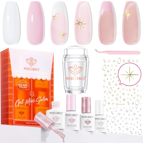 modelones Gel Nail Polish Kit French Jelly Pink White Sheer Nude Gel Polish Set with French Tip Stamp Tool & Silver Gold Stickers, 4 Colors Gel Mini Salon Home DIY Trend Manicure Gift for Women