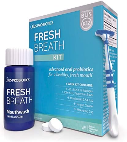 BLIS Probiotics Fresh Breath Kit with Potent BLIS K12 Oral Probiotics | Clinically Proven Bad Breath and Halitosis Treatment | Contains Mouthwash, Tongue Scraper and Lozenges - 4 Week Supply