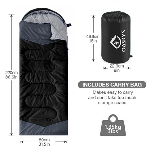 oaskys Camping Sleeping Bag - 3 Season Warm & Cool Weather - Summer Spring Fall Lightweight Waterproof for Adults Kids - Camping Gear Equipment, Traveling, and Outdoors
