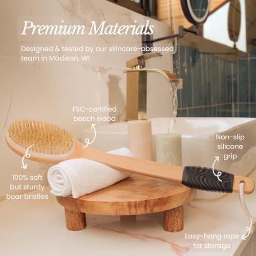 Bare Botanics 17" Dry Brushing Body Brush - Medium Firmness, Natural Color & Silicone Grip - Extra Long Bath Brush - Ergonomic Curved Handle Design w/Hang Rope - Back Scrubber for Shower