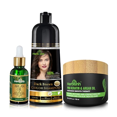 Herbishh After Color Shampoo Combo Contains Hair Color Shampoo Hair Dye 500ml Argan Oil 30ml Pro Keratin And Argan Hair Mask 100gm For Hair Shine And Protection For Men And Women (Dark Brown)