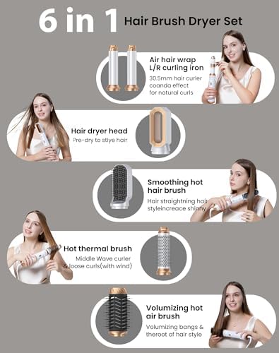 6 in 1 Hair Dryer Brush，Blow Dryer Brush Ionic Hair Dryer，Multi Hair Styler for Fast Drying Styling Curling Straightening Volumizing，Hair Curler Hair Straightener Styler Autowrap Air Styler