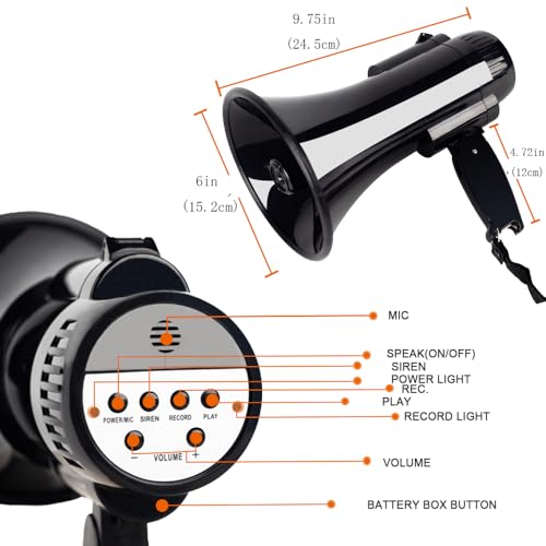 30 Watt Power Portable Megaphone Bullhorn Speaker Voice, Siren/Alarm and 240S Recording with Volume Control and Strap (Black)