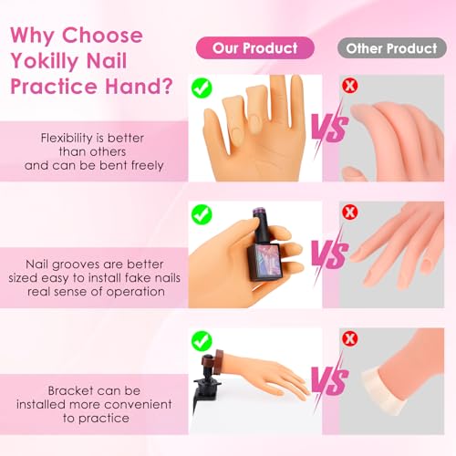 Yokilly Acrylic Nail Practice Hand - Bendable Soft, Flexible Plastic, Fake Mannequin Training Hand with Clamp Holder