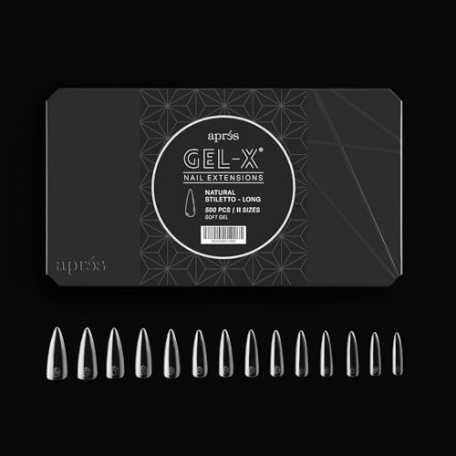 Aprés Gel-X® Natural Stiletto Long Tip Box | 500pc Gel-X Tips, 11 Sizes 00-9, Premium Quality