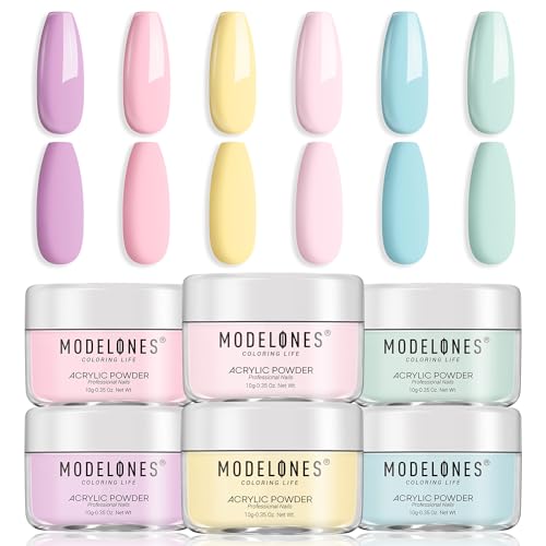 Modelones Pink Acrylic Powder Kit - 6 Colors Pastel Yellow Blue Purple Macaron Spring Cover Powder for Nail Art Extension - No Lamp Needed (A3-PearlyMint Frost)