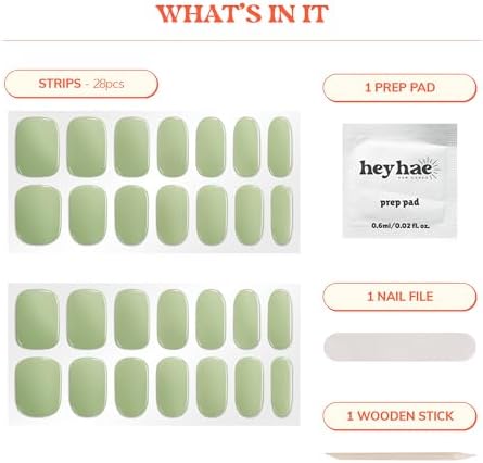 Semi Cured Gel Nail Strips | No LED Lamp Needed | Solid, Green, Spring | Easy Apply & Remove, Salon Quality | Includes 28 Strips, 1 Prep Pads, Nail File & Wooden Stick - Hey, Matcha Girly