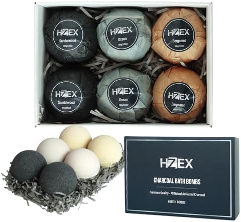 Bath Bombs, HZEX 6 Large Natural Luxury Charcoal Bathbomb Fizzes for Men Women, Organic Bath Bomb with Essential Oils and Shea Butter, Stress Relief and Relaxation, Detox with Charcoal Bathbombs