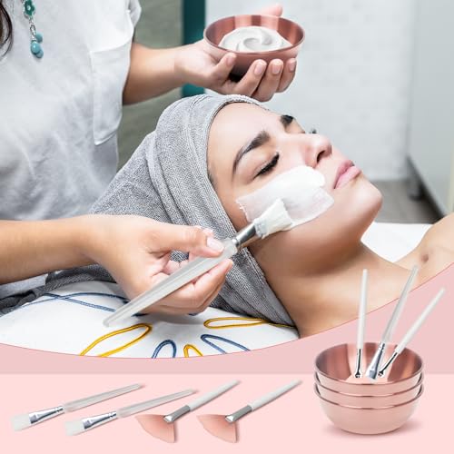 24Pcs Esthetician Supplies for Facials Set - Face Mask Applicator Brushes Tools, 8 Rose Gold Facial Bowls, 8 Fan Mask Brushes, 8 Flat Brushes, Spa Party Favor Esthetician Supplies for Mask DIY