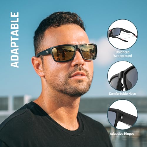 TOREGE Polarized Sports Sunglasses for Men and Women Cycling Running Golf Fishing Sunglasses TR26 (Black Frame & Copper Silver Lens)