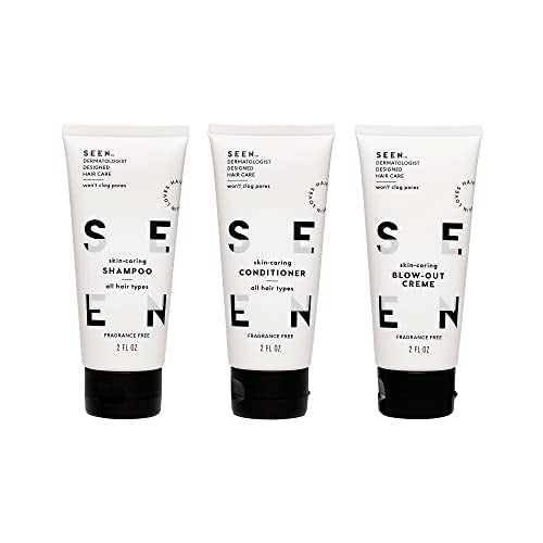 SEEN Travel Trio, Fragrance Free - Non-Comedogenic & Sulfate-Free Blow-Out Hair Cream, Shampoo & Conditioner Set- Reduces Frizz- Heat Protectant- Safe for Sensitive & Eczema Prone Skin