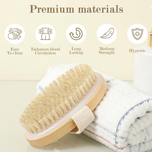4pcs Dry Brushing Body Brush, Natural Bristle Dry Skin Exfoliating Brush Body Scrub for Flawless Skin, Cellulite Treatment, Lymphatic Drainage and Blood Circulation Improvement, White