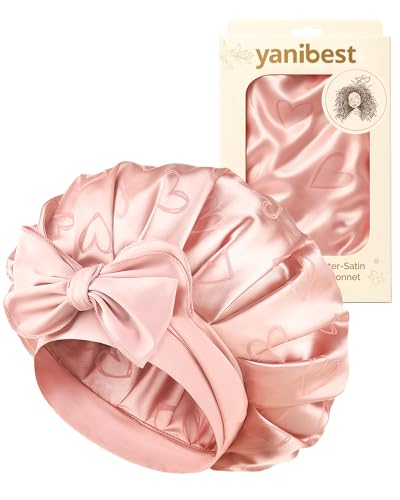 YANIBEST Adjustable Satin Bonnet for Sleeping, Double Layer Silk Bonnet with Tie Band for Women, Sleep Cap Curly Natural Hair, Pink