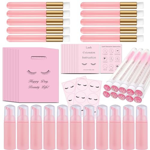 52PCS Lash Shampoo Bottles Brushes Set, 10pcs Foam Pump Dispenser, Lash Cleaning Brush, Eyelash Extension Tube Brush, Instructions Cards, Lash bags, 2pcs Eyelash Stickers for Business Clients (pink)