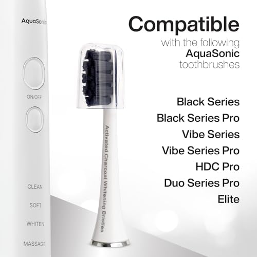 AquaSonic 2-Pack Activated Charcoal Brush Heads - Ultra Whitening Brush Heads - 2X Whitening & Stain Remover - for Black Series, Black Series Pro, Vibe Series, Duo Pro Series (White)