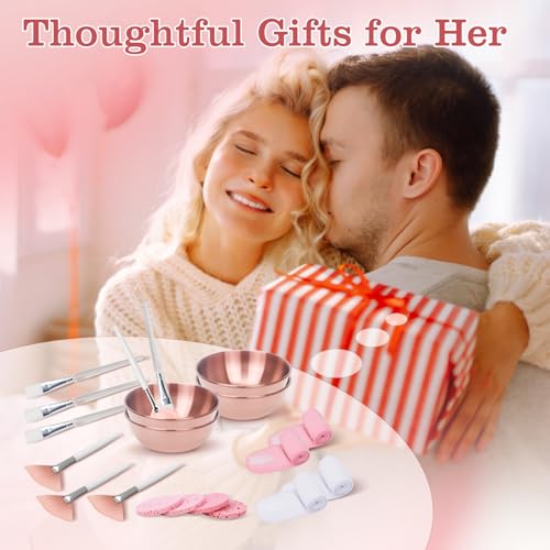 20Pcs Esthetician Facial Supplies Tools Set - Mask Applicator Tools, 4 Rose Gold Facial Bowls & 4 Facial Fan Mask Brushes & 4 Flat Brushes & 4 Sponges & 4 Headbands, Spa Party Favor, Mixing Facial Kit