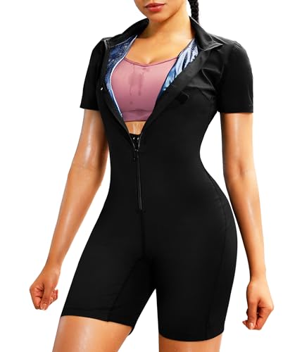 Junlan Sauna Suit for Women Full Body Jumpsuit Waist Trainers for Women Belly Fat Workout Sweat Suit(Black,Small)