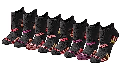 Saucony Women's RunDry Performance 8, 16 Heel Tab Athletic Socks, S-L, Black Rose Assorted (8 Pairs), Small