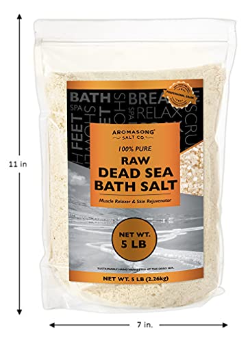 Aromasong Raw Dead Sea Bath Salt - Minimally Cleaned, Contains More Dead Sea Minerals Including Dead Sea Mud - 100% Pure & Natural Dead Sea Salts for Soaking 5 LB - Bulk Resealable Pack