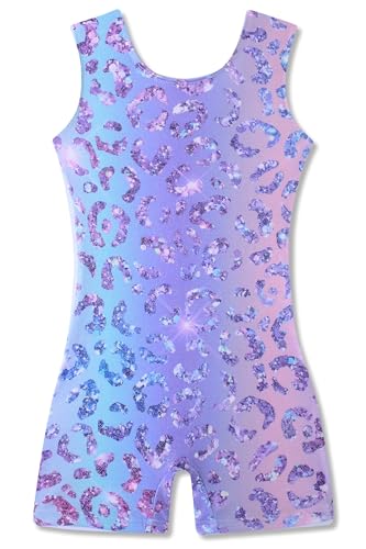 Funnycokid Gymnastics Leotards for Girls Dance Outfits Unitard Sparkly Clothes with Shorts, Leopard 03, 5-6 Years