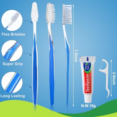 200 Sets Bulk Disposable Toothbrushes Toothpaste Floss Individually Wrapped Dental Floss Pick Kit Homeless Hygiene Kit Bulk Homeless Care Package Supplies for Travel Hotel (Light Blue Pink)
