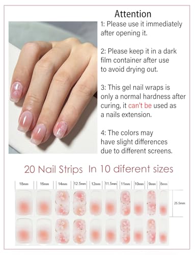 Semi Cured Gel Nail Strips, 20pcs Macaron French Gel Nail Stickers Work with UV, Easy to Use and Remove