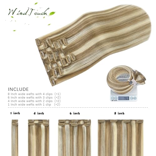 WindTouch Clip in Hair Extensions Real Human Hair Balayage Mixed Bleach Blonde Hair Extensions 15Inch 75g 7PCS Highlights Straight Blonde Clip in Extensions for Women