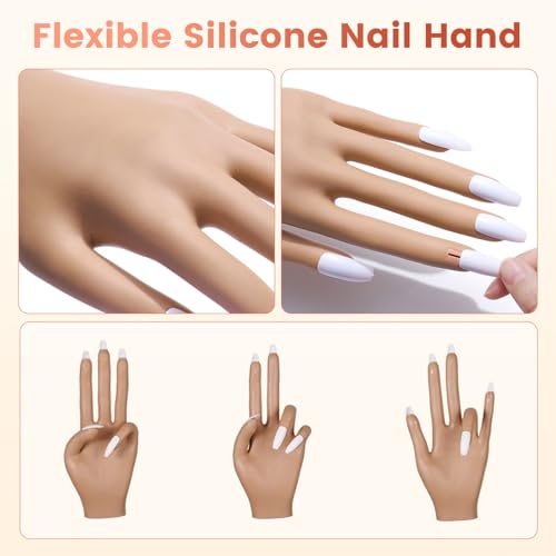 Practice Hand for Acrylic Nails Kit: Fake Silicone Hands Nail Mannequin Hand for Nail Extensions Nail Caving - Flexible Practice Nails Hand Set for Beginner Salon Home
