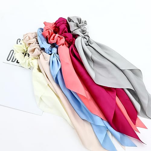 Cinaci 12 Pieces Solid Silky Satin Chiffon Hair Ties with Long Ribbon Bow Tail Hair Scrunchies Ponytail Holders Rubber Bands Accessories for Women Girls Teens