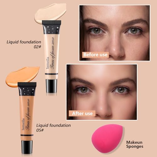 All in One Makeup Kit for Teen Girls - 2X16 Colors Eyeshadow, Liquid Foundation, Eyeliner Pencils, Contouring Stick, Lip Gloss, Eyebrow Pencils & 8pcs Makeup Brushes (Rainbow)