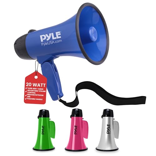 Pyle PMP21BL Portable Megaphone Speaker Siren Bullhorn - Compact and Battery Operated with 20 Watt Power, Microphone, 2 Modes, PA Sound and Foldable Handle for Cheerleading and Police Use, Blue