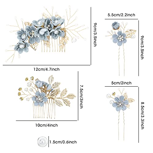 inSowni 20 Pack Classy Dusty Blue Flower Bridal Wedding Hair Side Combs+Floral Hair Pins+Twist Spiral Pearl Hair Pins Clips Pieces Formal Prom Headpieces Accessories for Brides Bridesmaids Women Girls