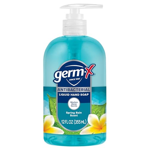 Germ-X Antibacterial Hand Soap, Moisturizing Liquid Hand Wash for Kitchen or Bathroom, pH Balanced & Dermatologist Tested, Spring Rain, 12 oz Pump Bottle (Pack of 4)