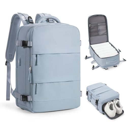 coofay Travel Backpack Carry on Flight Approved Mochila De Viaje Carry on Backpack for Airplanes Spirit Airlines Personal Item Bag 18x14x8 Inches Travel Bag Traveling Backpack for Women Men Grey Blue