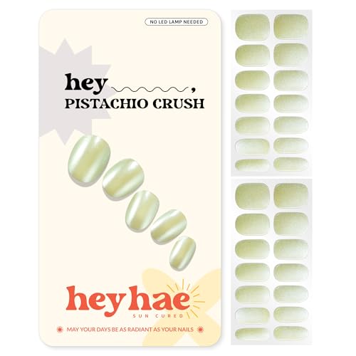Semi Cured Gel Nail Strips | No LED Lamp Needed | Summer, Chrome, Green | Easy Apply & Remove, Salon Quality | Includes 28 Strips, 1 Prep Pads, Nail File & Wooden stick - Hey, Pistachio Crush