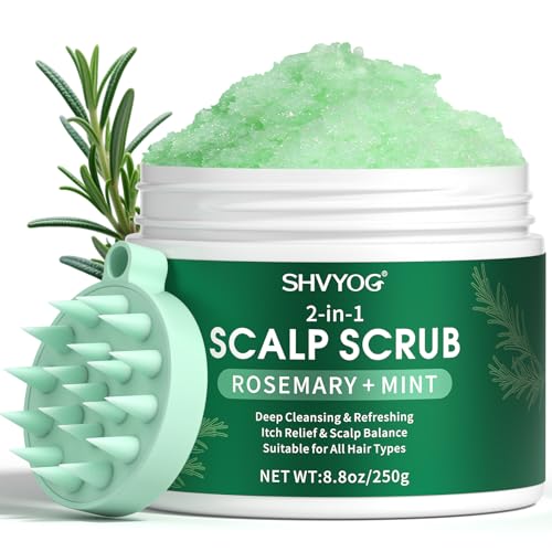 SHVYOG Scalp & Body Scrub, Rosemary Exfoliator Scrub Shampoo with Peppermint & Sea Salt, Anti-Dandruff Detox Clarifying Exfoliator for Build Up, Itchy Scalp, Oily & Dry Hair with Scalp Massager