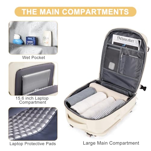 coofay Large Travel Backpack Carry on Flight Approved Mochila De Viaje Personal Item Backpack for Airlines Frontier Airlines Personal Item Bag Large Backpack for Travel Backpacks for Men Women Beige