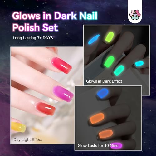 SAVILAND Glows in the Dark Nail Polish Set: 12 Colors Luminous Neon Vegan Nail Polish Kit with Base Nail Coat, Glow Effect Regular Nail Polish Quick Dry for Finger Toe Salon Home DIY Nail Art Beginner