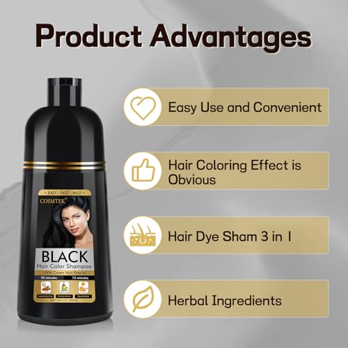 Black Hair Dye Shampoo 3 in 1 for Gray Hair, Hair Color shampoo for Women, Natural Shampoo Hair Dye-100% Grey Hair Coverage/Herbal Ingredients-17.6 OZ